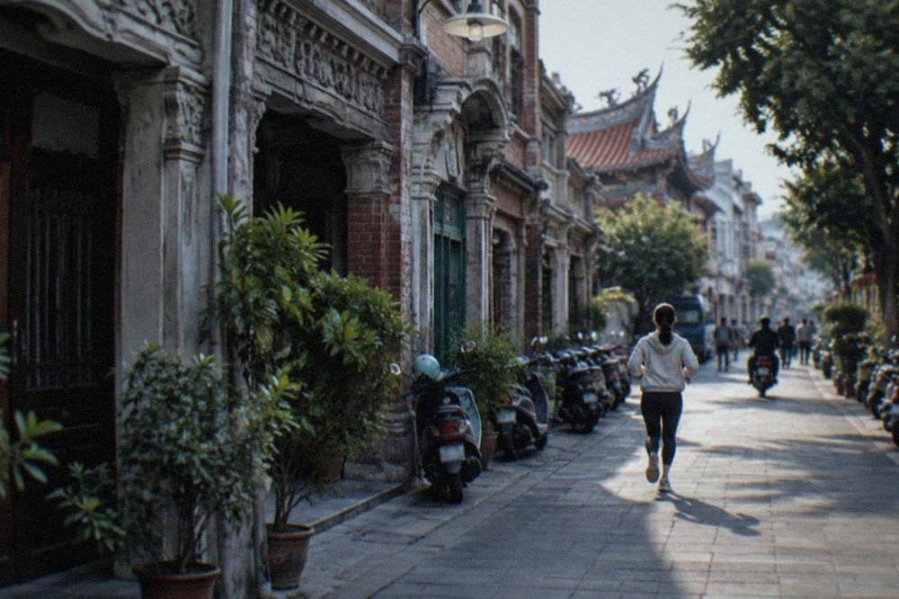 Ornate historic shophouse facades along an old street in Xinhua, Tainan
