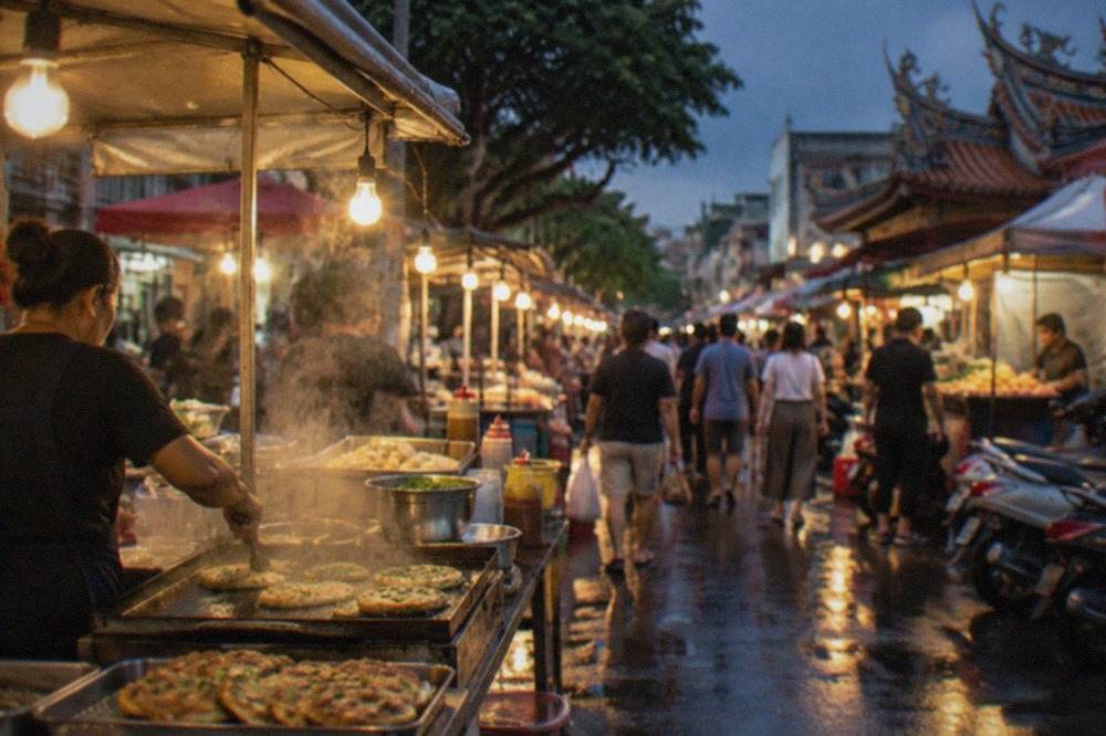 Food stalls glowing under string lights at a Taiwanese night market, with crowds walking between the rows