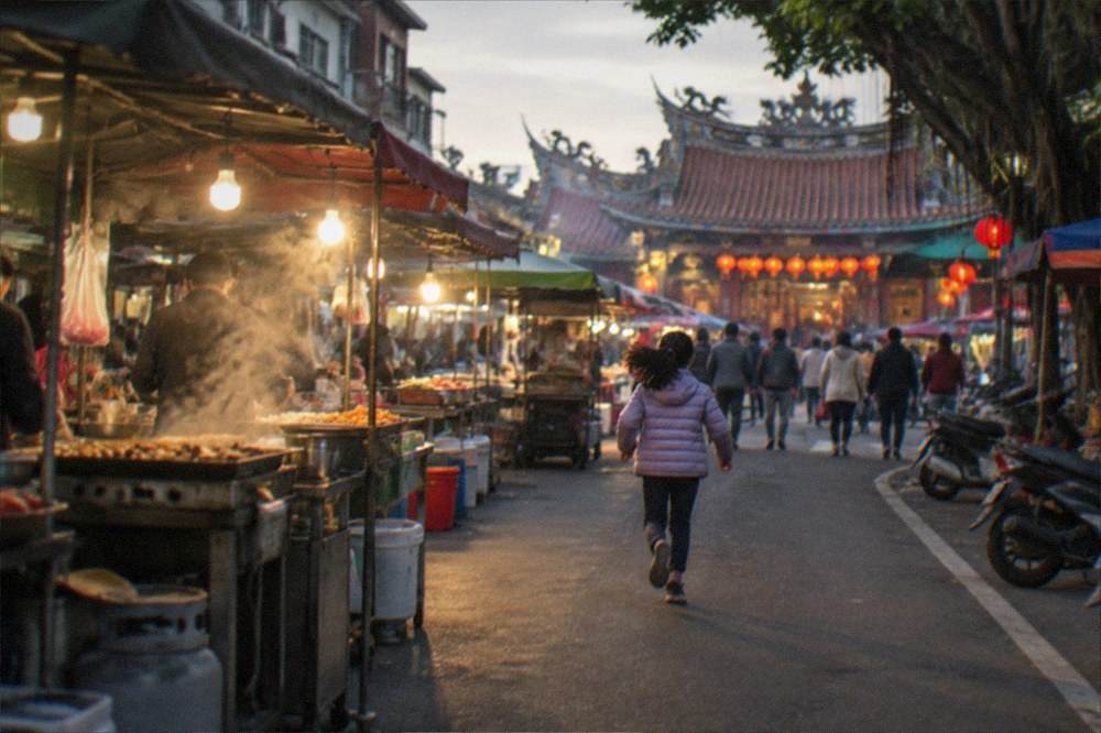 A historic temple courtyard lit by lanterns in the early evening, with visitors walking through