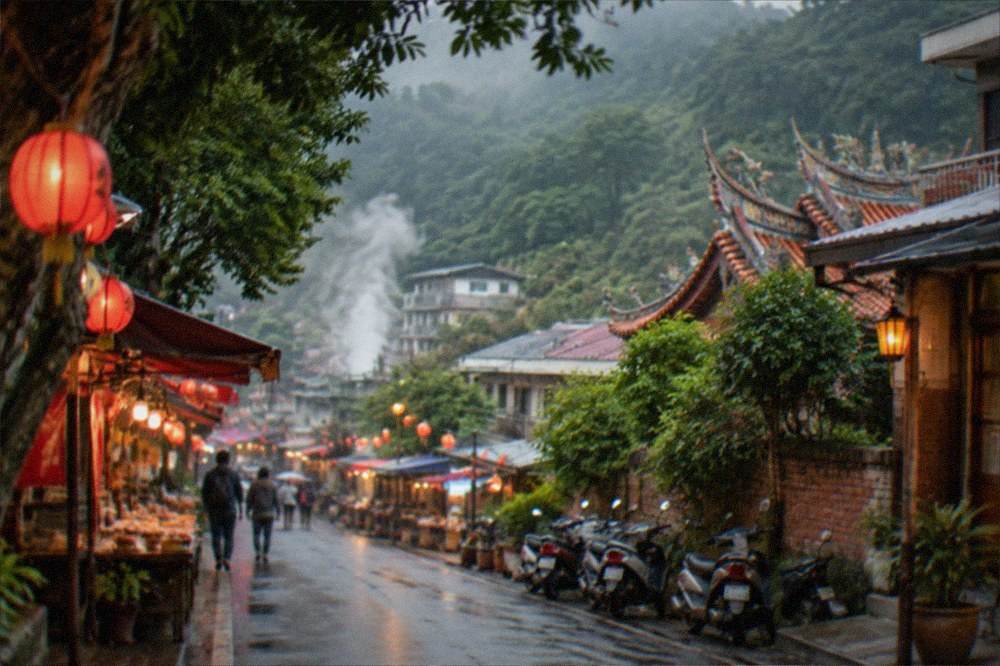 Lanterns and festival stalls along a spa street in the evening