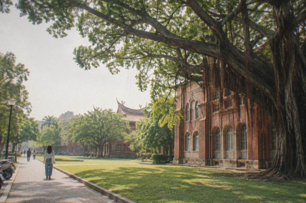 A red-brick academic building with arched windows beside a lawn and a paved walkway