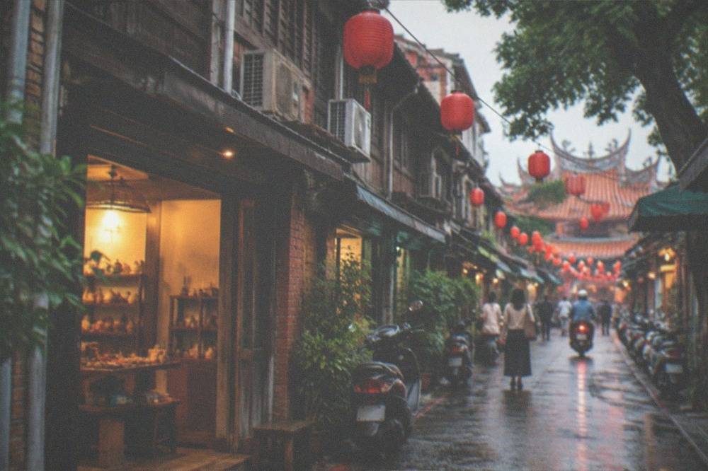 A small shopfront with warm interior lighting open onto a narrow lane in the evening