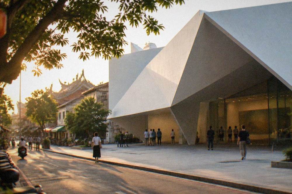 Visitors viewing large contemporary paintings in a spacious museum hall
