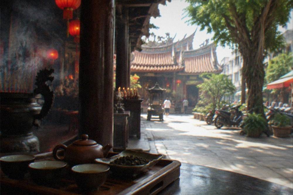 Traditional tea setting with a clay teapot, small cups and oolong leaves on a wooden tray