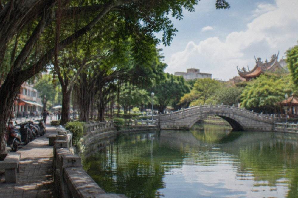 A wide city park with a curved pond, mature banyan trees and a stone bridge under a bright sky
