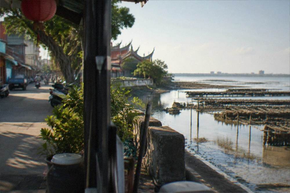 Oyster racks standing in shallow lagoon water along the Tainan coast at low tide