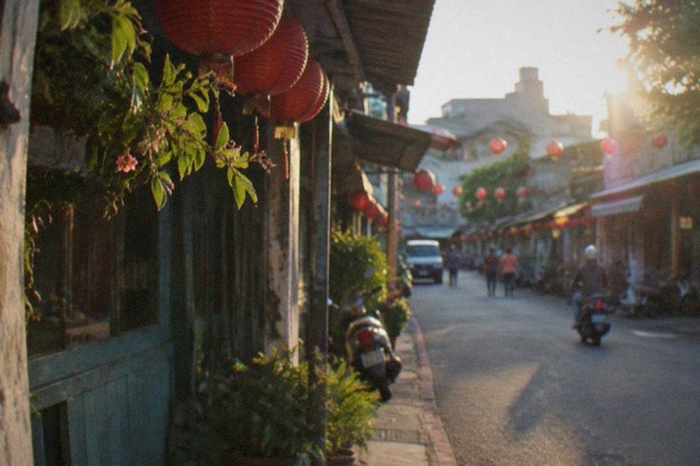 Lanterns and old shopfronts along a quiet street in a Taiwanese country town