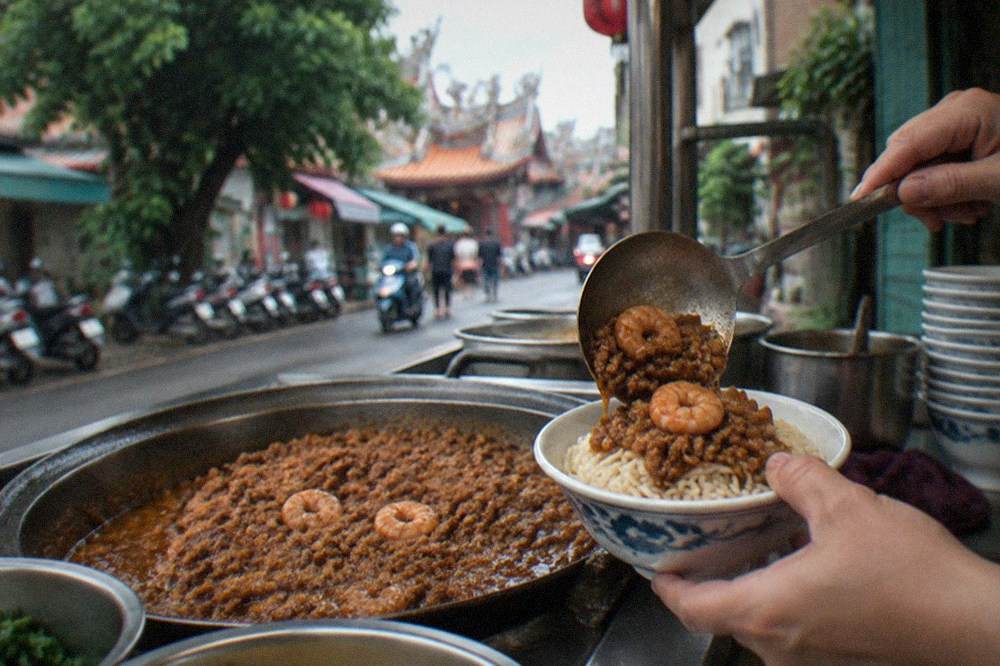 Close-up of braised minced pork and shrimp being added to a small bowl of noodles