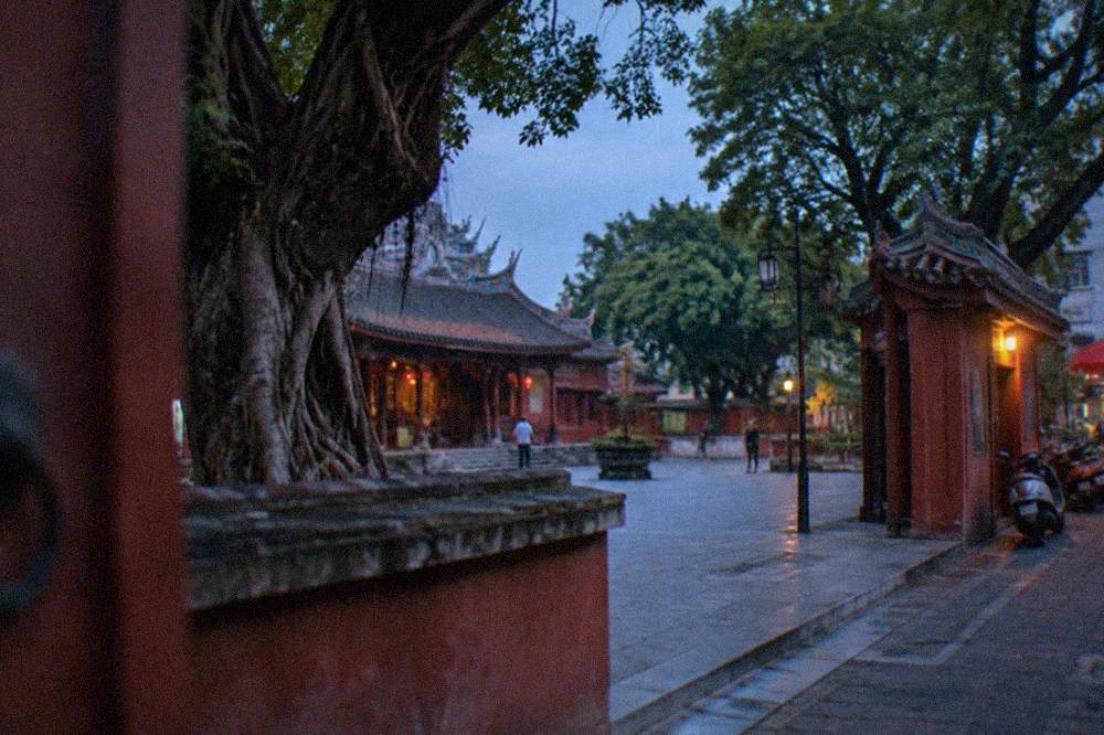 The courtyard of the Tainan Confucius Temple with stone pathways, old banyan trees and traditional buildings