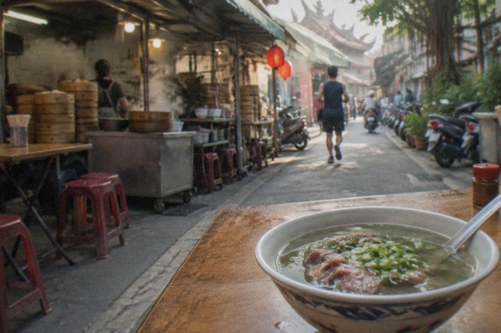 A bowl of clear beef soup with sliced meat and scallions on a wooden table in a small Taiwanese eatery