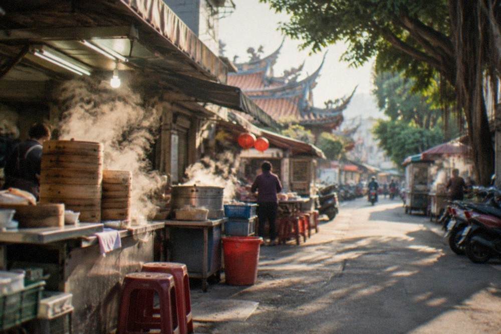A narrow Tainan street at dawn with small food stalls setting up and steam rising from pots