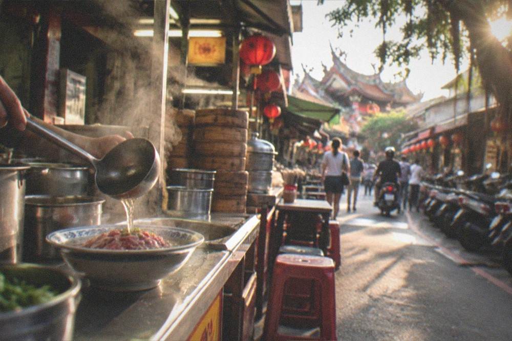 A steaming bowl of clear broth with raw sliced beef being poured at a small Tainan counter
