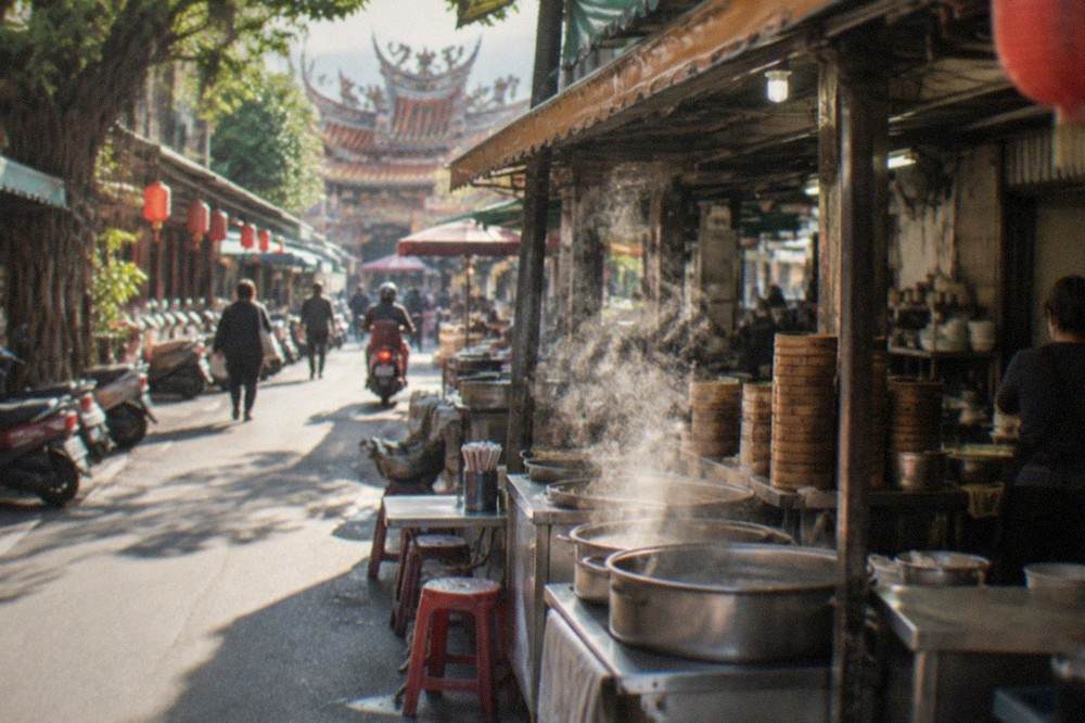 A street food stall in Tainan at sunrise with steam rising from large soup pots