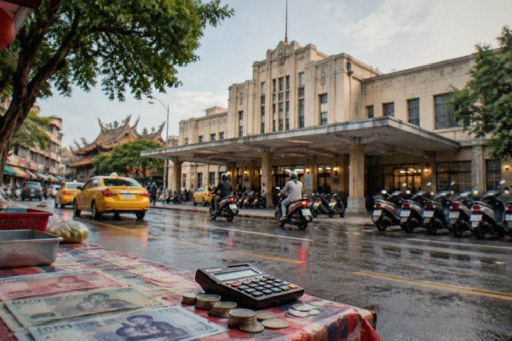 A row of New Taiwan dollar banknotes and coins on a market table beside a small calculator