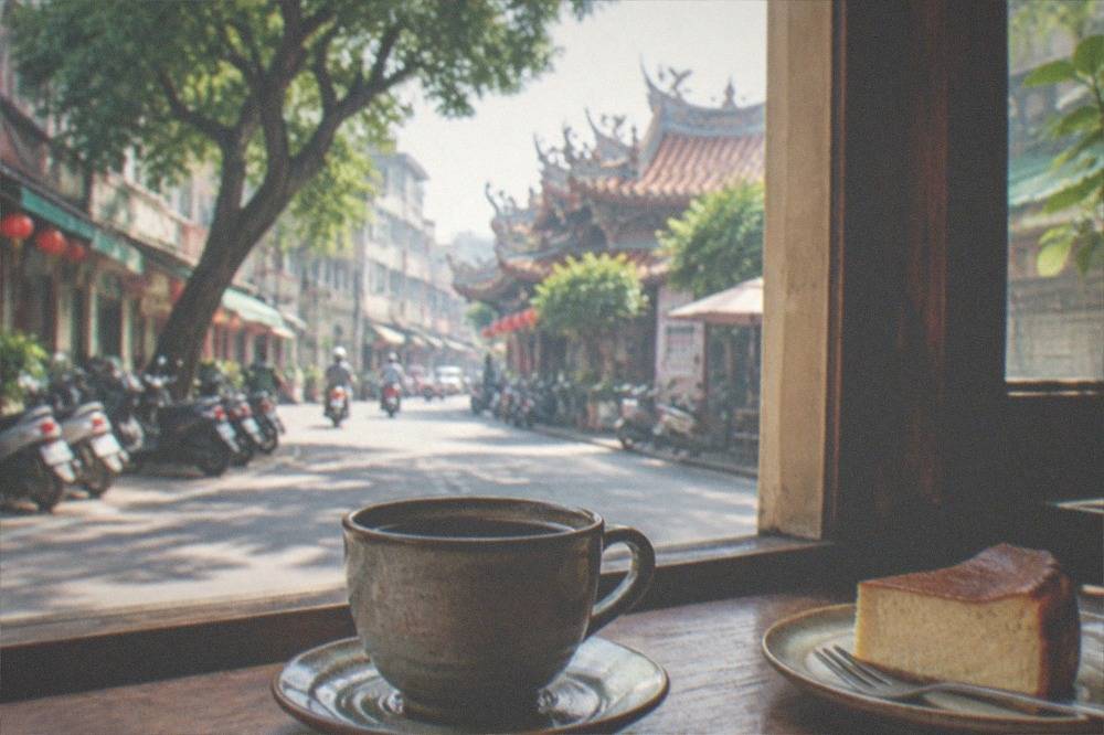 A cup of black coffee and a slice of cake on a small table beside a wooden window frame