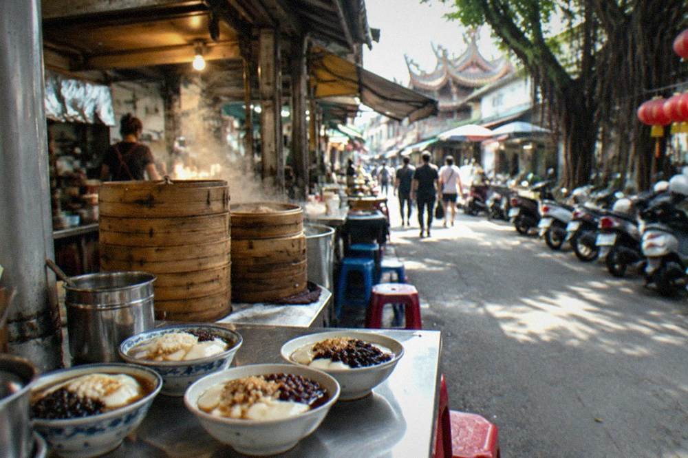 Bowls of soft tofu pudding with syrup and toppings on a shop counter