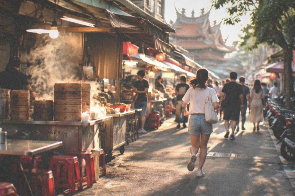 Crowds walking between food stalls at a busy Taiwanese night market at dusk