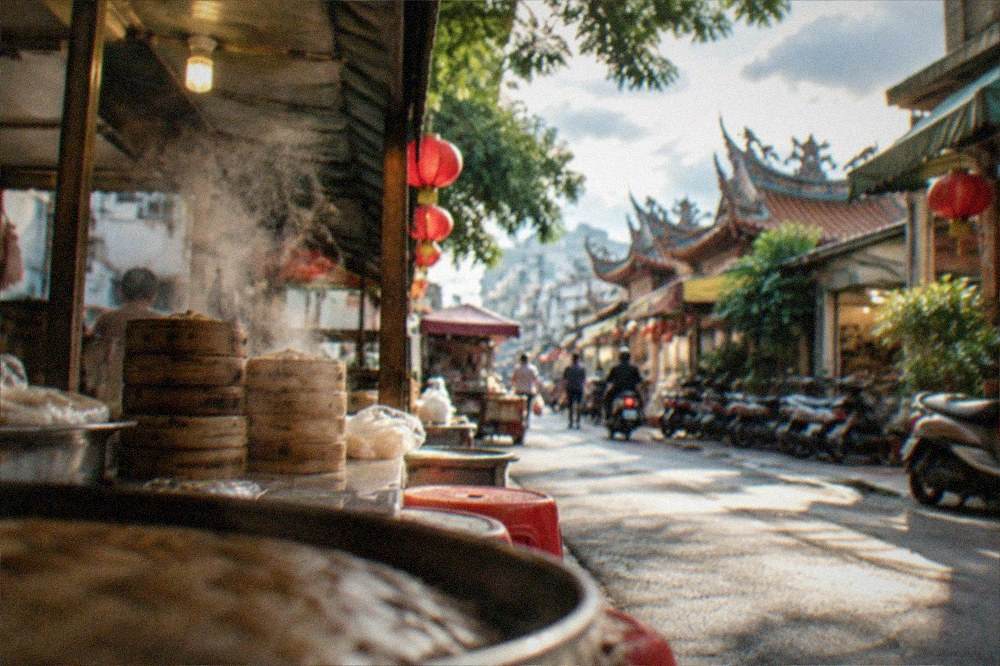 An old Tainan street in the evening with lanterns and small shop fronts