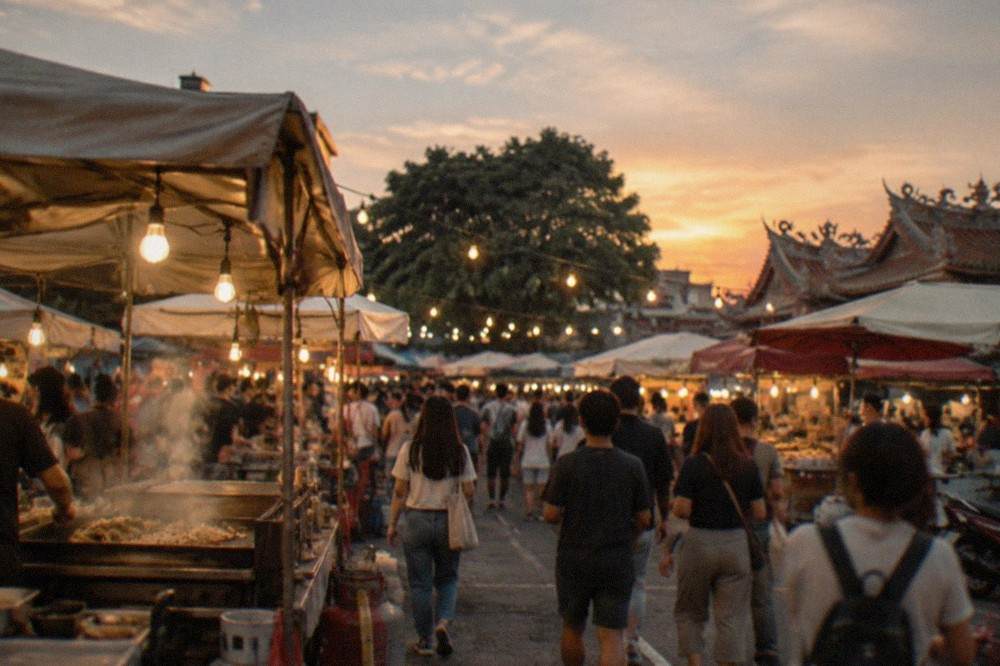 Rows of food stalls under canvas awnings at a Taiwanese night market, with steam rising from a griddle