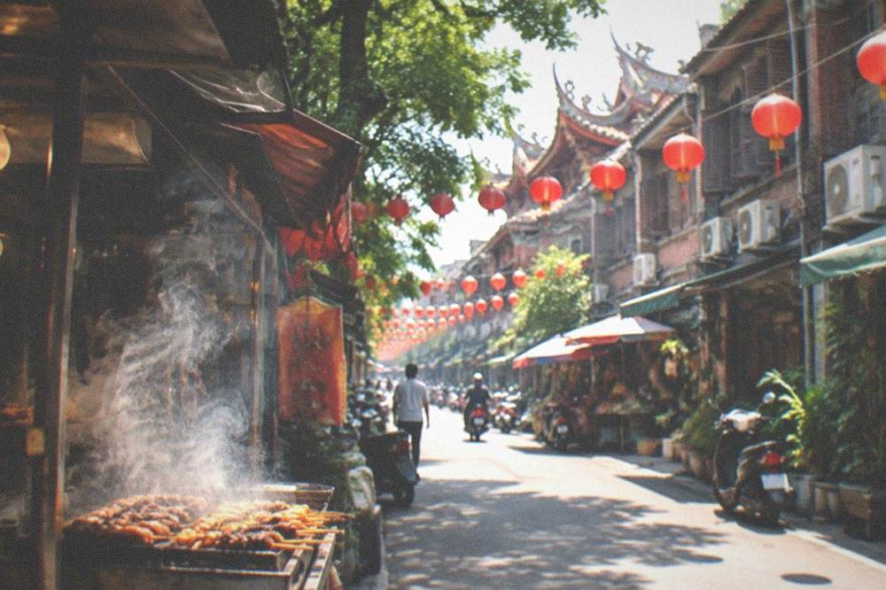 A food stall grilling skewers with steam and glow against a dark market background