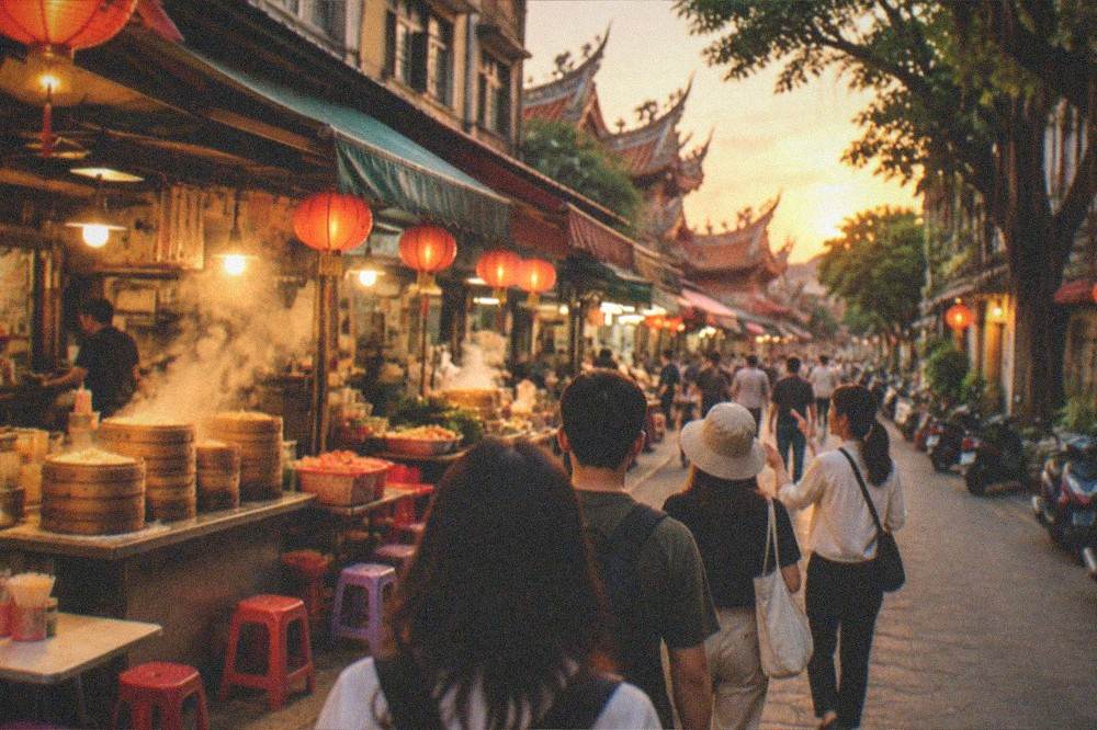 A guide leading a small group of visitors down a lantern-lit Tainan old street in the evening