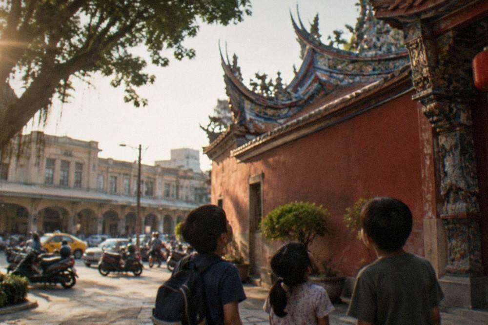 Children looking up at the red walls and ornate roof of a Taiwanese temple courtyard