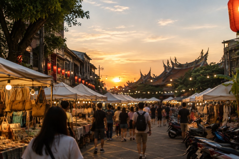 Historic Tainan street lit by warm lanterns in the early evening