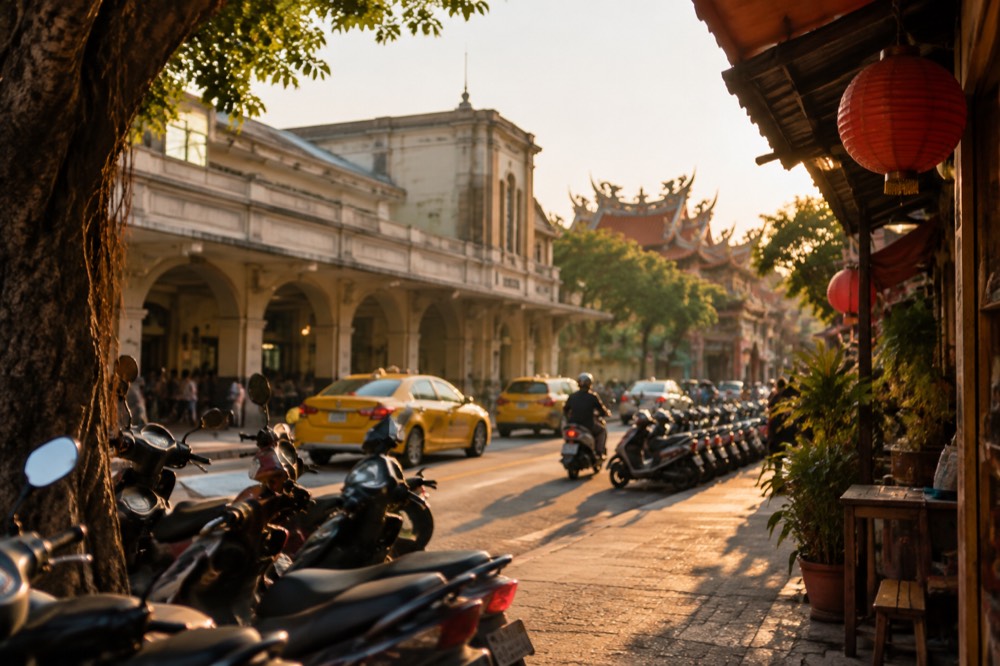 A narrow old street in Tainan lined with low shopfronts in the evening