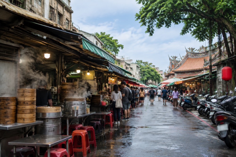 A narrow Tainan food street lined with small stalls and queues at lunchtime