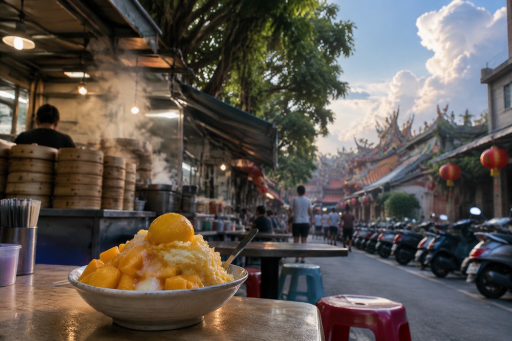 A mango shaved ice dessert with fresh fruit on a table in a Tainan shop
