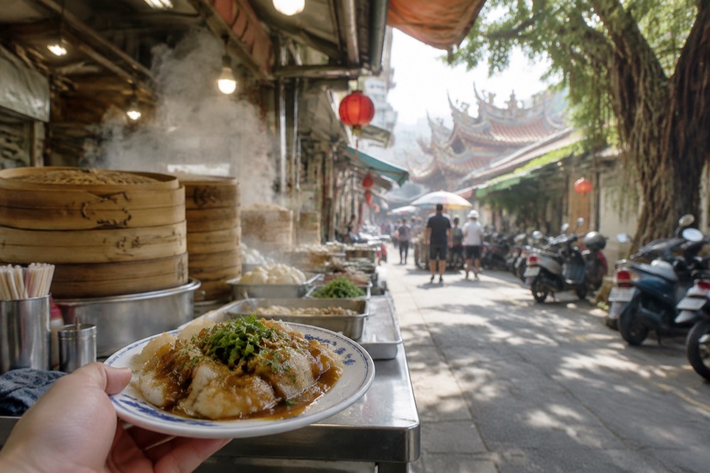 A small Tainan snack portion on a plate held over a market counter