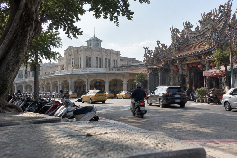 A large temple facade in coastal Tainan with ornate carved decorations